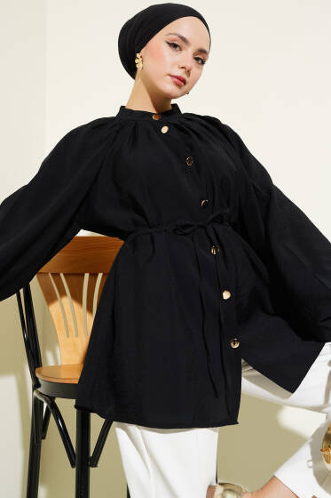 Gold Düğmeli Balon Kol Gömlek Siyah - Gömlek
