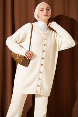 Gold Düğmeli Basic Sakallı Triko Hırka Ekru - ARISOY