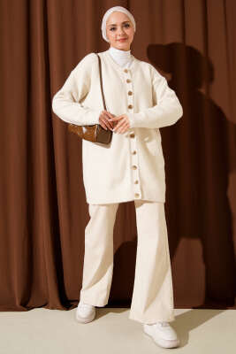 Gold Düğmeli Basic Sakallı Triko Hırka Ekru - Hırka