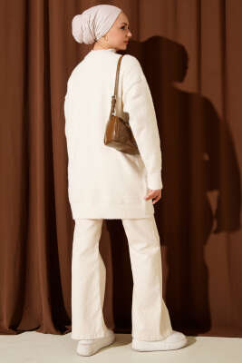Gold Düğmeli Basic Sakallı Triko Hırka Ekru - Hırka