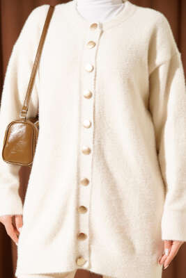 Gold Düğmeli Basic Sakallı Triko Hırka Ekru - Hırka