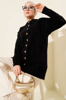 Gold Düğmeli Basic Sakallı Triko Hırka Siyah - ARISOY