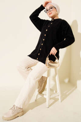 Gold Düğmeli Basic Sakallı Triko Hırka Siyah - Hırka