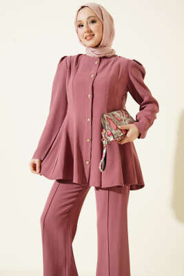 Gold Düğmeli Basic Tensel İkili Takım Gül Kurusu - İkili Takım