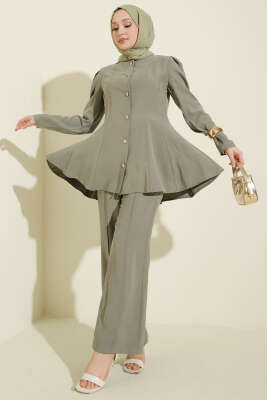 Gold Düğmeli Basic Tensel İkili Takım Haki - BERAT TEKSTİL