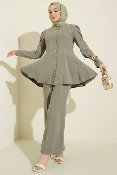 Gold Düğmeli Basic Tensel İkili Takım Haki - İkili Takım