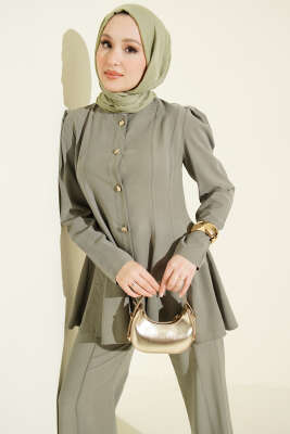 Gold Düğmeli Basic Tensel İkili Takım Haki - İkili Takım
