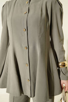 Gold Düğmeli Basic Tensel İkili Takım Haki - İkili Takım