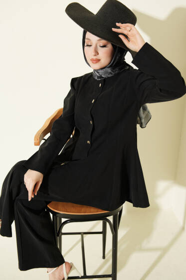 Gold Düğmeli Basic Tensel İkili Takım Siyah - İkili Takım