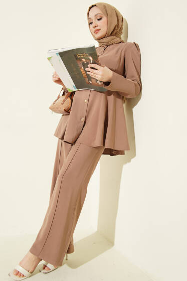 Gold Düğmeli Basic Tensel İkili Takım Vizon - İkili Takım