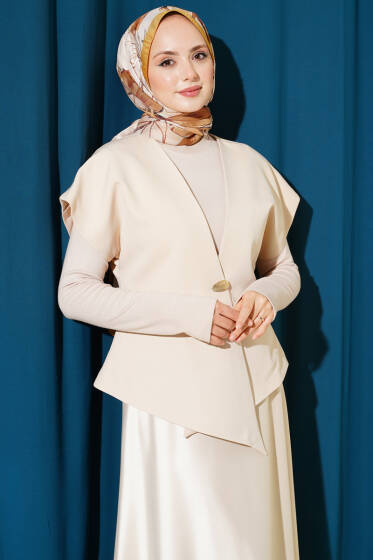 Gold Düğmeli Basic Yelek Bej - Yelek