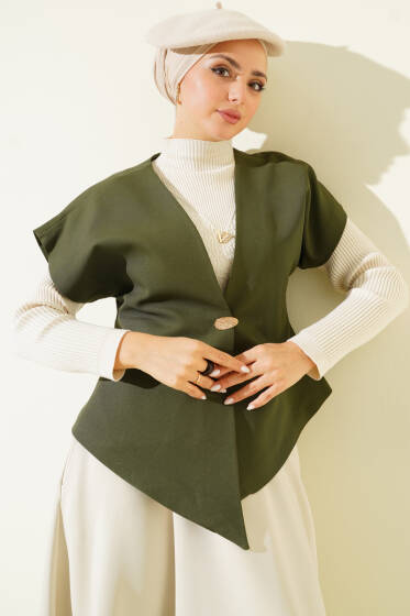 Gold Düğmeli Basic Yelek Haki - Yelek