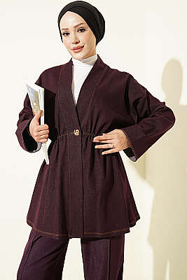 Gold Düğmeli Bel Lastikli İkili Takım Mürdüm - İkili Takım