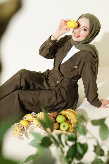 Gold Düğmeli Bel Pensli İkili Takım Haki - İkili Takım