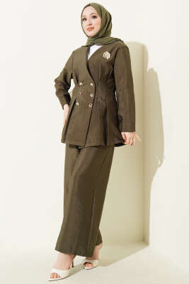 Gold Düğmeli Bel Pensli İkili Takım Haki - İkili Takım