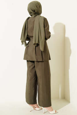 Gold Düğmeli Bel Pensli İkili Takım Haki - İkili Takım