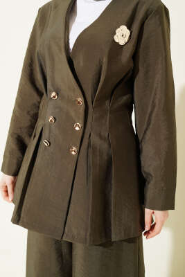 Gold Düğmeli Bel Pensli İkili Takım Haki - İkili Takım