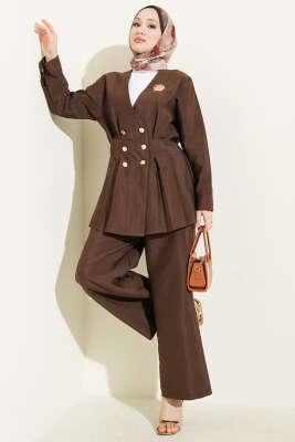 Gold Düğmeli Bel Pensli İkili Takım Kahve - NEFİSE