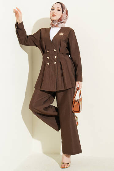 Gold Düğmeli Bel Pensli İkili Takım Kahve - İkili Takım