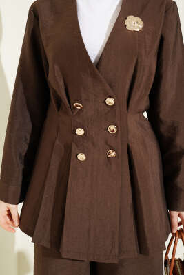 Gold Düğmeli Bel Pensli İkili Takım Kahve - İkili Takım