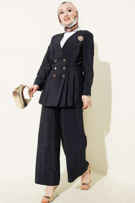 Gold Düğmeli Bel Pensli İkili Takım Lacivert - NEFİSE