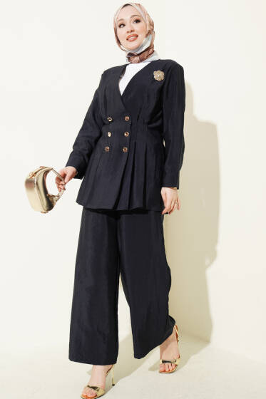 Gold Düğmeli Bel Pensli İkili Takım Lacivert - İkili Takım
