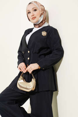 Gold Düğmeli Bel Pensli İkili Takım Lacivert - İkili Takım