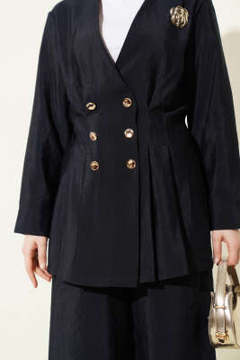 Gold Düğmeli Bel Pensli İkili Takım Lacivert - İkili Takım