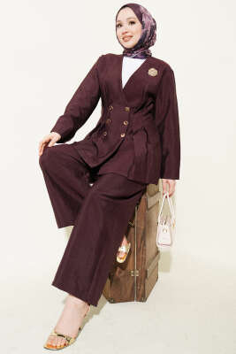 Gold Düğmeli Bel Pensli İkili Takım Mürdüm - NEFİSE