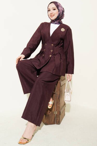 Gold Düğmeli Bel Pensli İkili Takım Mürdüm - İkili Takım