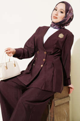 Gold Düğmeli Bel Pensli İkili Takım Mürdüm - İkili Takım