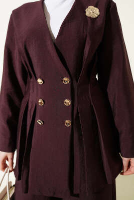 Gold Düğmeli Bel Pensli İkili Takım Mürdüm - İkili Takım