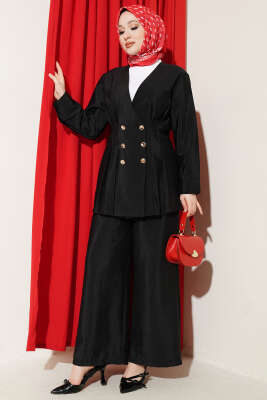 Gold Düğmeli Bel Pensli İkili Takım Siyah - NEFİSE
