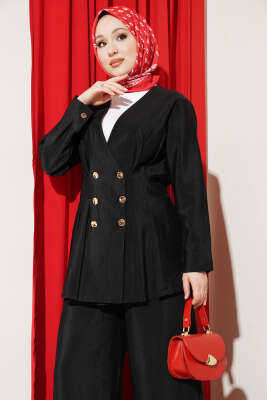 Gold Düğmeli Bel Pensli İkili Takım Siyah - İkili Takım