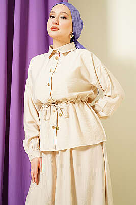 Gold Düğmeli Bel Tünelli Etekli Takım Bej 