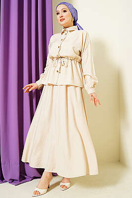 Gold Düğmeli Bel Tünelli Etekli Takım Bej - İkili Takım