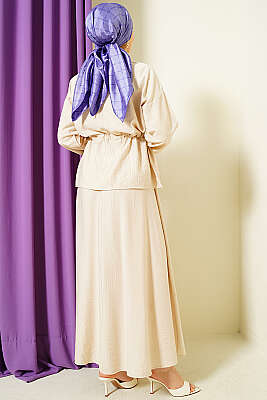 Gold Düğmeli Bel Tünelli Etekli Takım Bej - İkili Takım