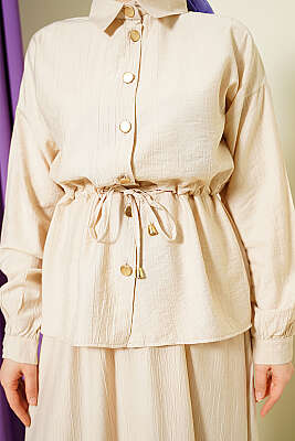 Gold Düğmeli Bel Tünelli Etekli Takım Bej - İkili Takım