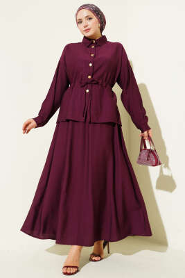 Gold Düğmeli Bel Tünelli Etekli Takım Burgonya - NESSİA