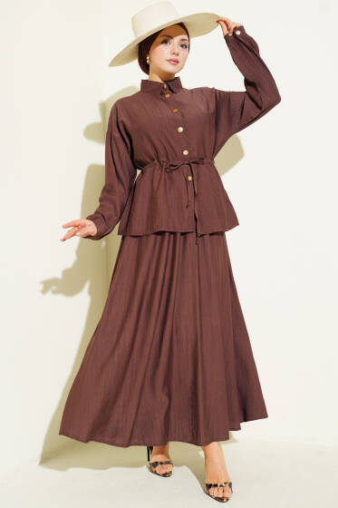 Gold Düğmeli Bel Tünelli Etekli Takım Kahve - İkili Takım