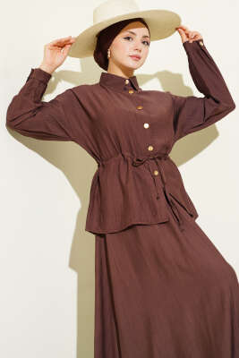 Gold Düğmeli Bel Tünelli Etekli Takım Kahve - İkili Takım