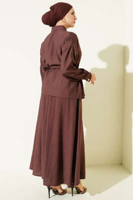 Gold Düğmeli Bel Tünelli Etekli Takım Kahve - İkili Takım