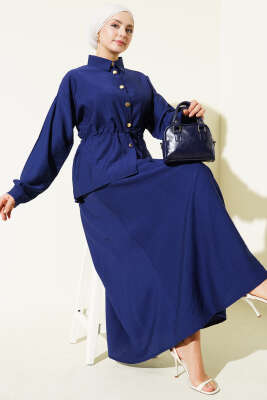 Gold Düğmeli Bel Tünelli Etekli Takım Lacivert - NESSİA