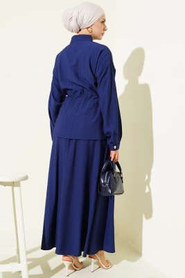 Gold Düğmeli Bel Tünelli Etekli Takım Lacivert - İkili Takım