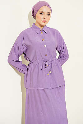 Gold Düğmeli Bel Tünelli Etekli Takım Lila - İkili Takım