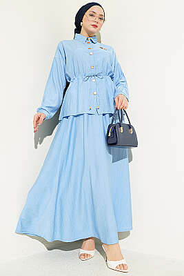 Gold Düğmeli Bel Tünelli Etekli Takım Mavi 