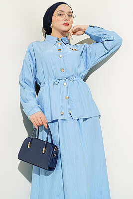 Gold Düğmeli Bel Tünelli Etekli Takım Mavi - İkili Takım