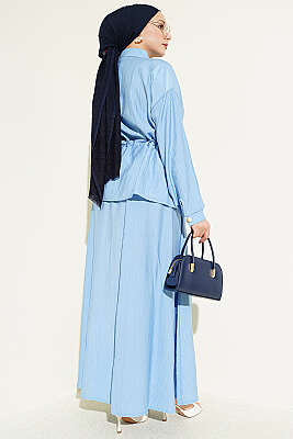 Gold Düğmeli Bel Tünelli Etekli Takım Mavi - İkili Takım