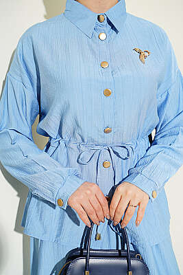 Gold Düğmeli Bel Tünelli Etekli Takım Mavi - İkili Takım