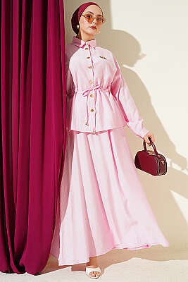 Gold Düğmeli Bel Tünelli Etekli Takım Pembe 